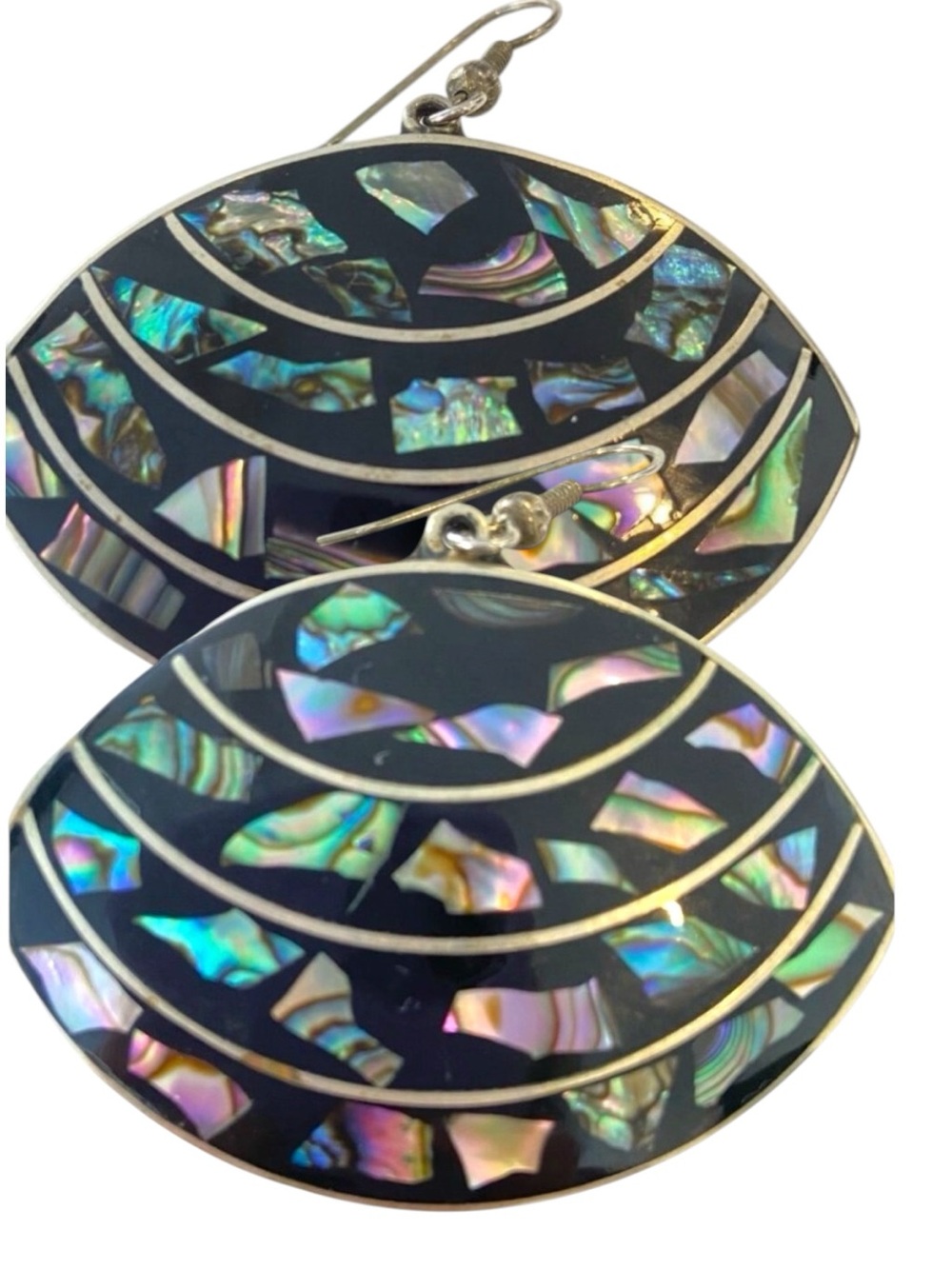 Vintage Alpaca Mexico Abalone Shell Earrings Boho Statement Dangle Y2K Artisanal